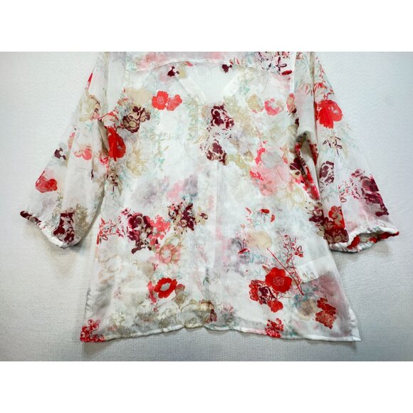 Eddie Bauer Womens Floral Button-Up Blouse Top Size MP Multicolor Sheer Boho - Picture 12 of 14
